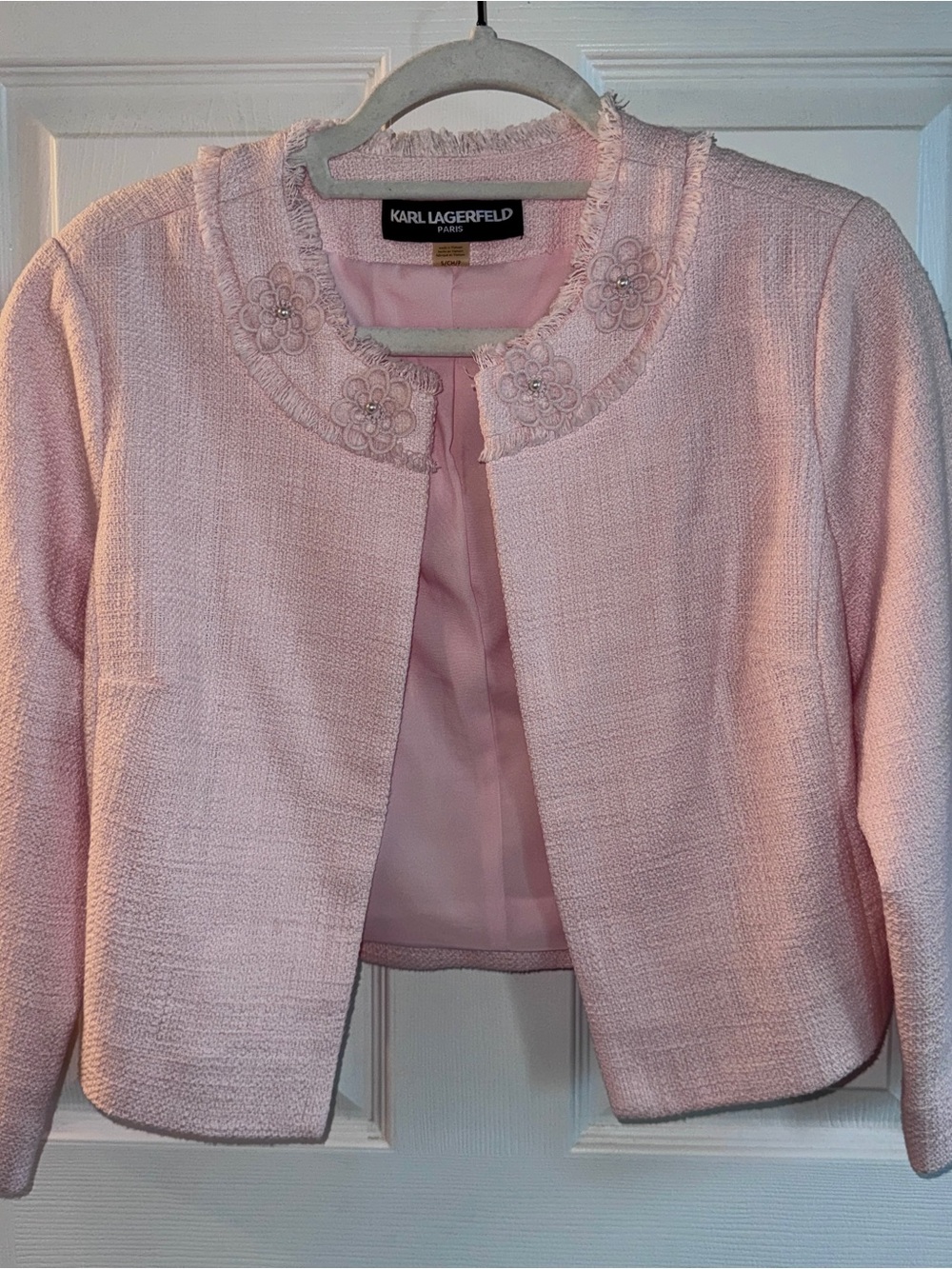 Karl Lagerfeld Paris Pink Tweed Floral Pearl Applique Jacket S